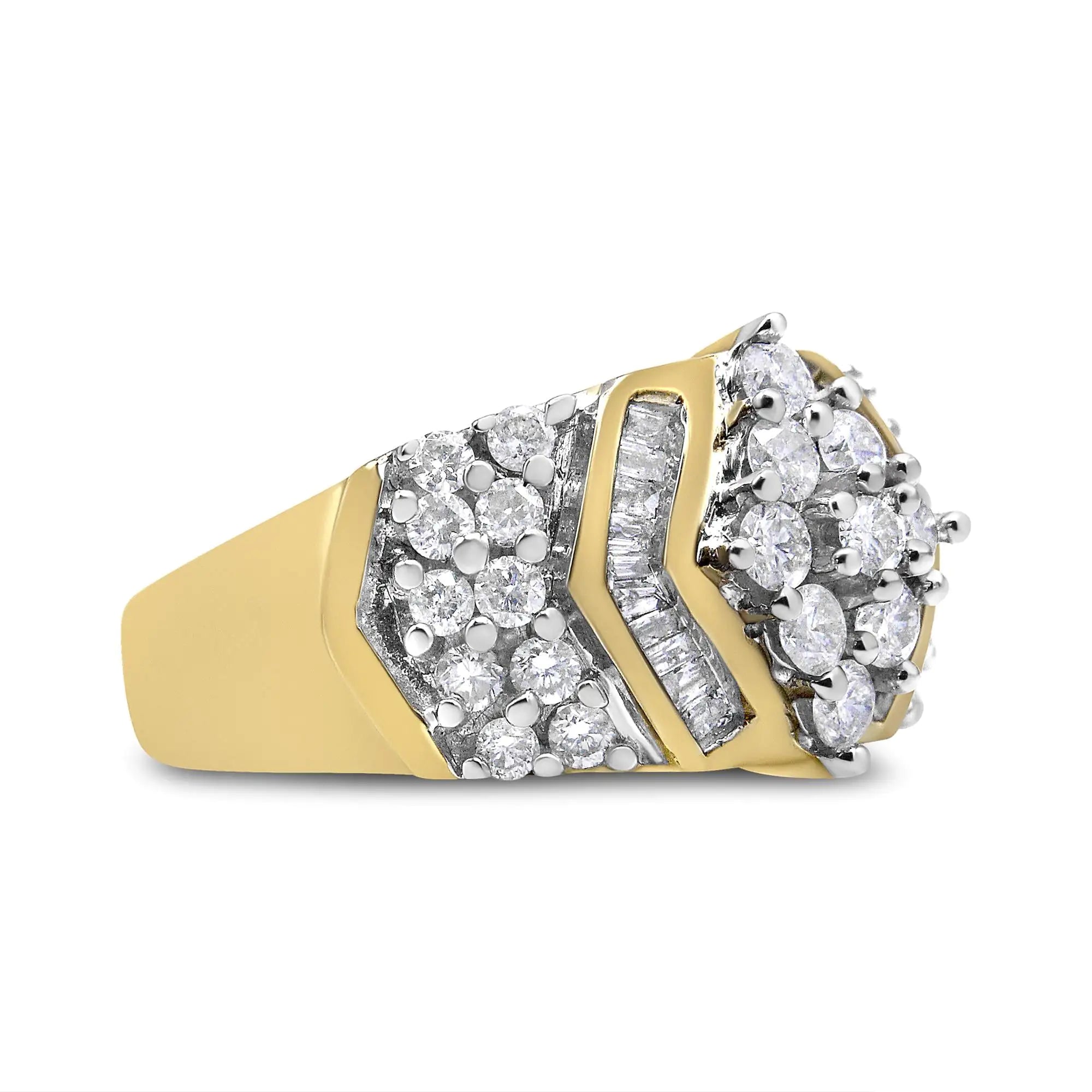 10K Yellow and White Gold 1.00 Cttw Round and Baguette-Cut Diamond Cluster Ring (H-I Color, I1-I2 Clarity)