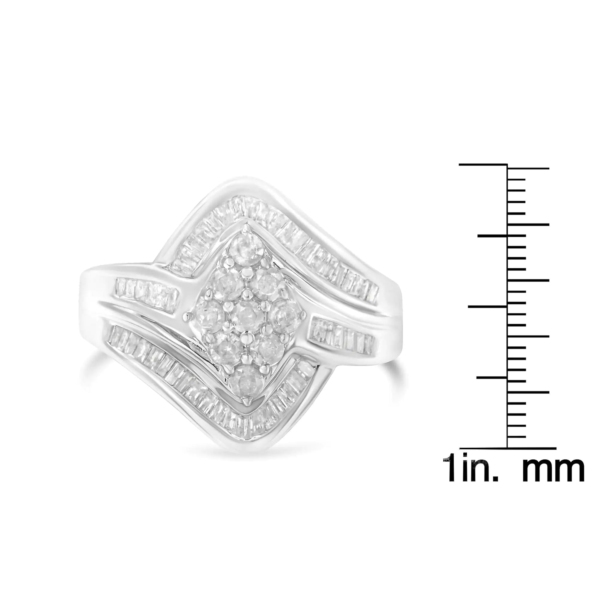 .925 Sterling Silver 1.0 Cttw Round &amp; Baguette Cut Diamond Bypass Faux-Wrap Cluster Engagement or Cocktail Ring (I-J Color, I2-I3 Clarity)