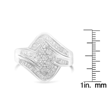 .925 Sterling Silver 1.0 Cttw Round &amp; Baguette Cut Diamond Bypass Faux-Wrap Cluster Engagement or Cocktail Ring (I-J Color, I2-I3 Clarity)