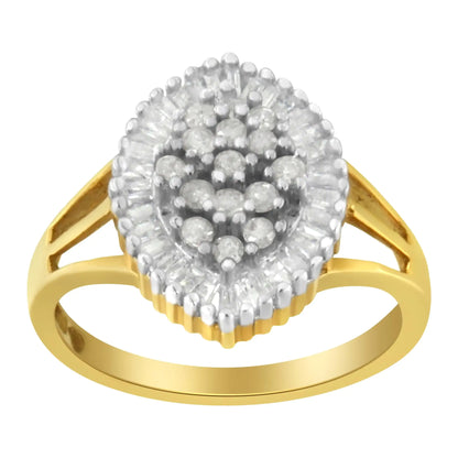 10K Yellow Gold 1/2 Cttw Baguette &amp; Round Diamond Marquise-Shaped Cluster Halo Ring (I-J Color, I3 Clarity)