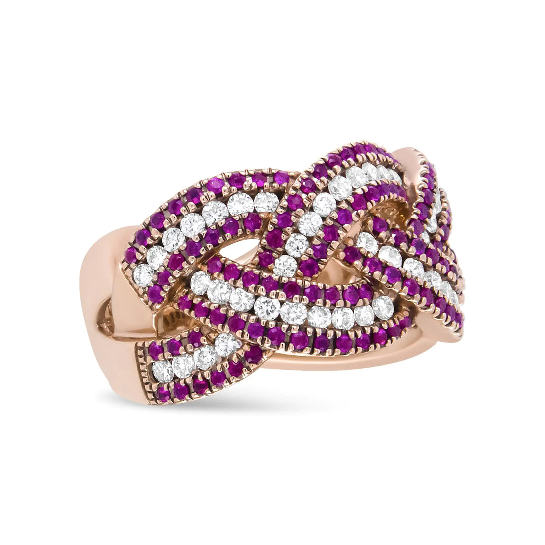 18K Rose Gold Red Ruby and 7/8 Cttw Diamond Woven Braided Band Ring (F-G Color, VS1-VS2 Clarity)