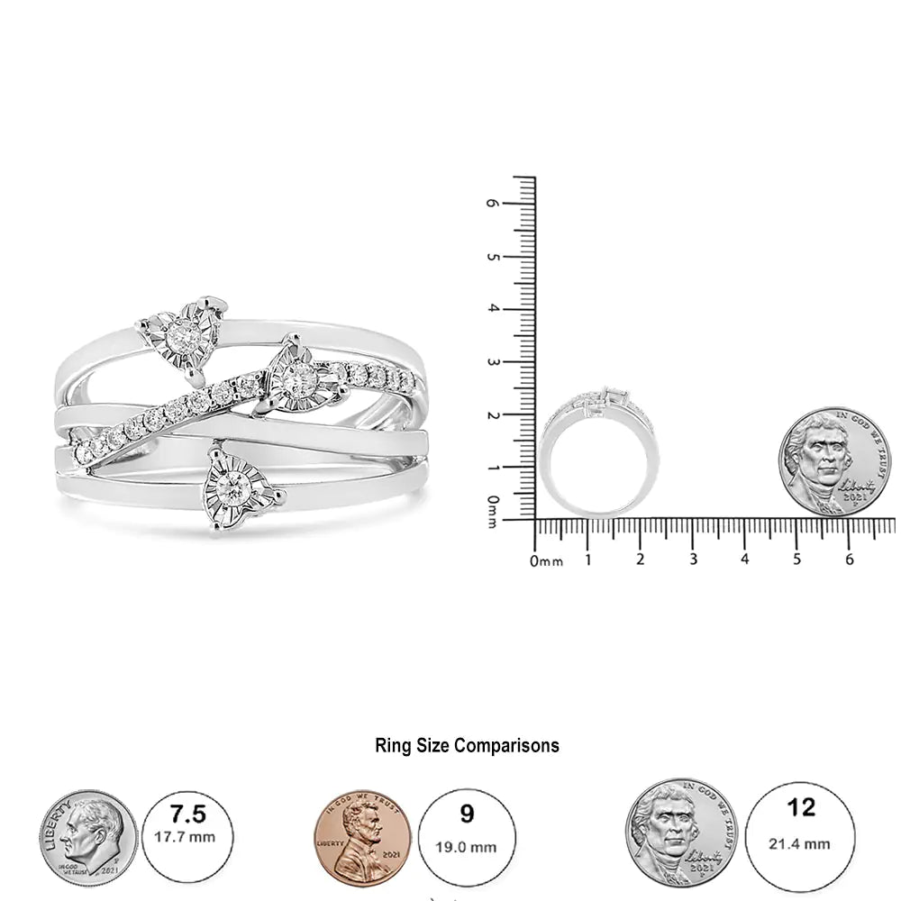 .925 Sterling Silver 1/5 Cttw Miracle-Set Diamond Heart Cross-Over Bypass Ring (I-J Color, I2-I3 Clarity)