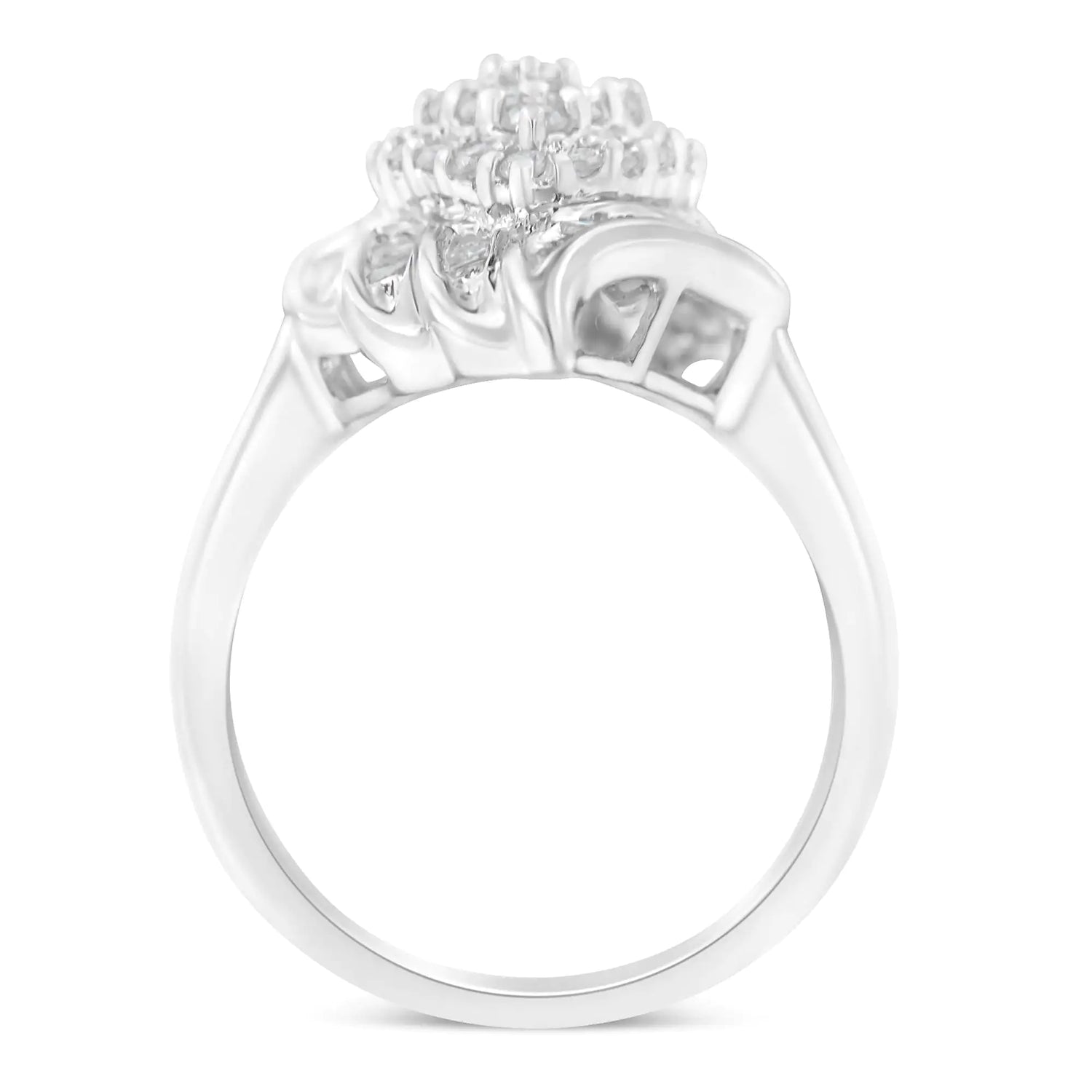 .925 Sterling Silver ¾ Cttw Round and Baguette Cut Diamond Stair-Stepped Cluster Waterfall Cocktail Ring (I-J Color, I2-I3 Clarity)