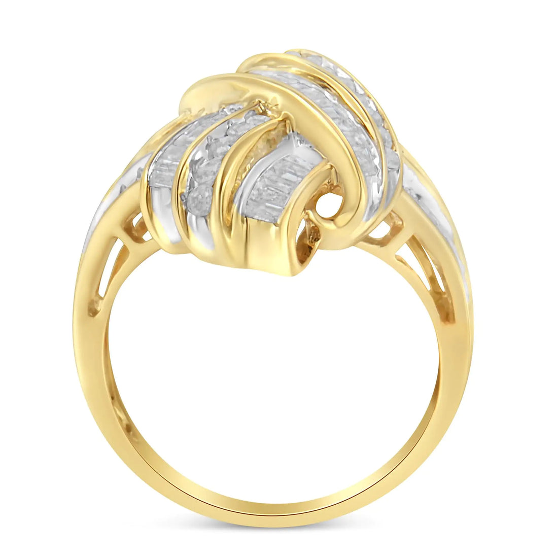 10K Yellow Gold Plated .925 Sterling Silver 1.0 Cttw Round &amp; Baguette Diamond Knot Channel Statement Ring (I-J Color, I2-I3 Clarity)