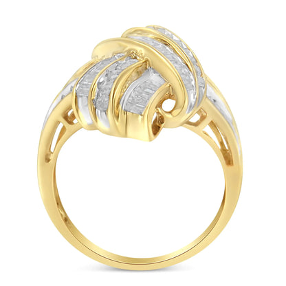 10K Yellow Gold Plated .925 Sterling Silver 1.0 Cttw Round &amp; Baguette Diamond Knot Channel Statement Ring (I-J Color, I2-I3 Clarity)