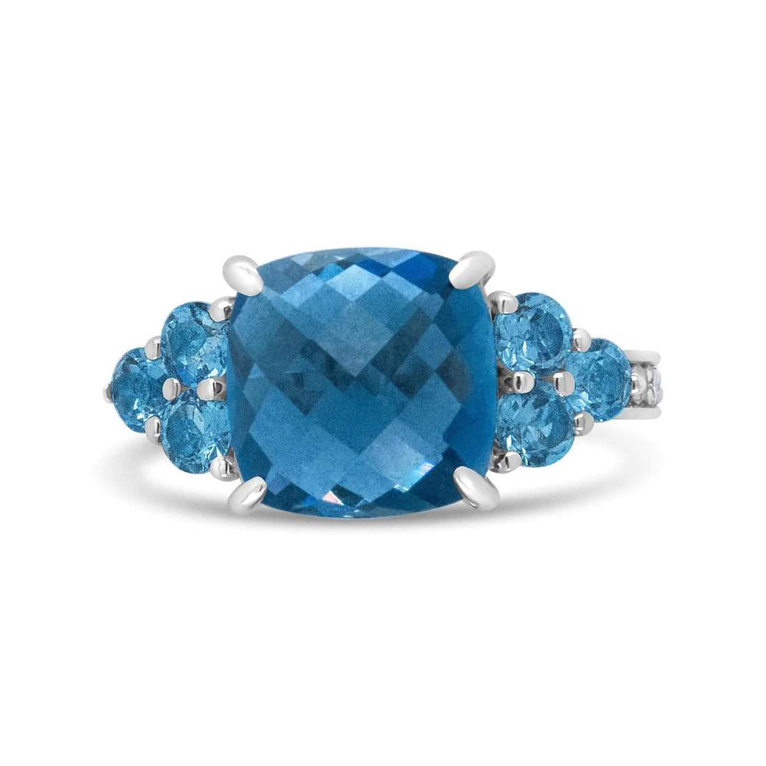 18K White Gold 10mm Cushion Shaped Blue Topaz and 1/6 Cttw Diamond 3 Stone Style Ring (F-G Color, VS1-VS2 Clarity)