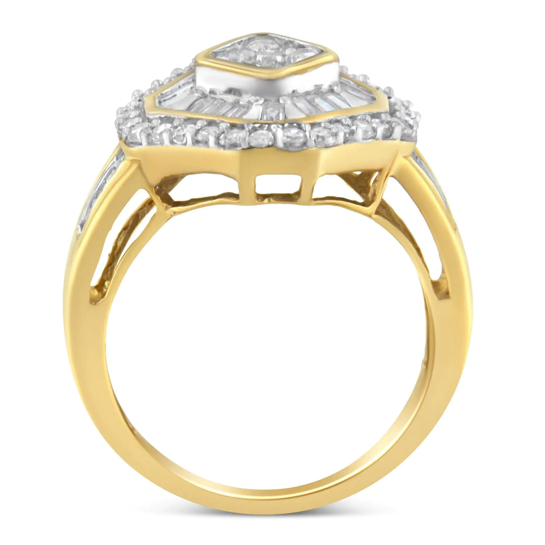 10K Yellow Gold Round and Baguette-Cut Diamond Cocktail Ring (1.0 Cttw, I-J Color, I1-I2 Clarity)