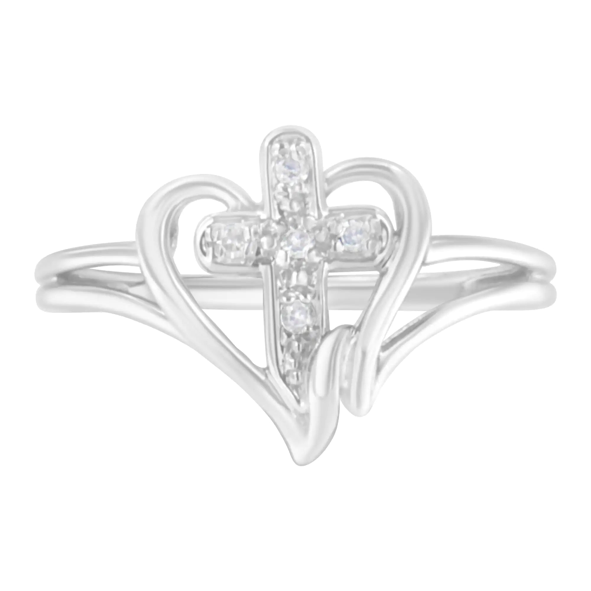 10K White Gold Diamond-Accented Cross &amp; Open Heart Promise Fashion Ring (H-I Color, I1-I2 Clarity)