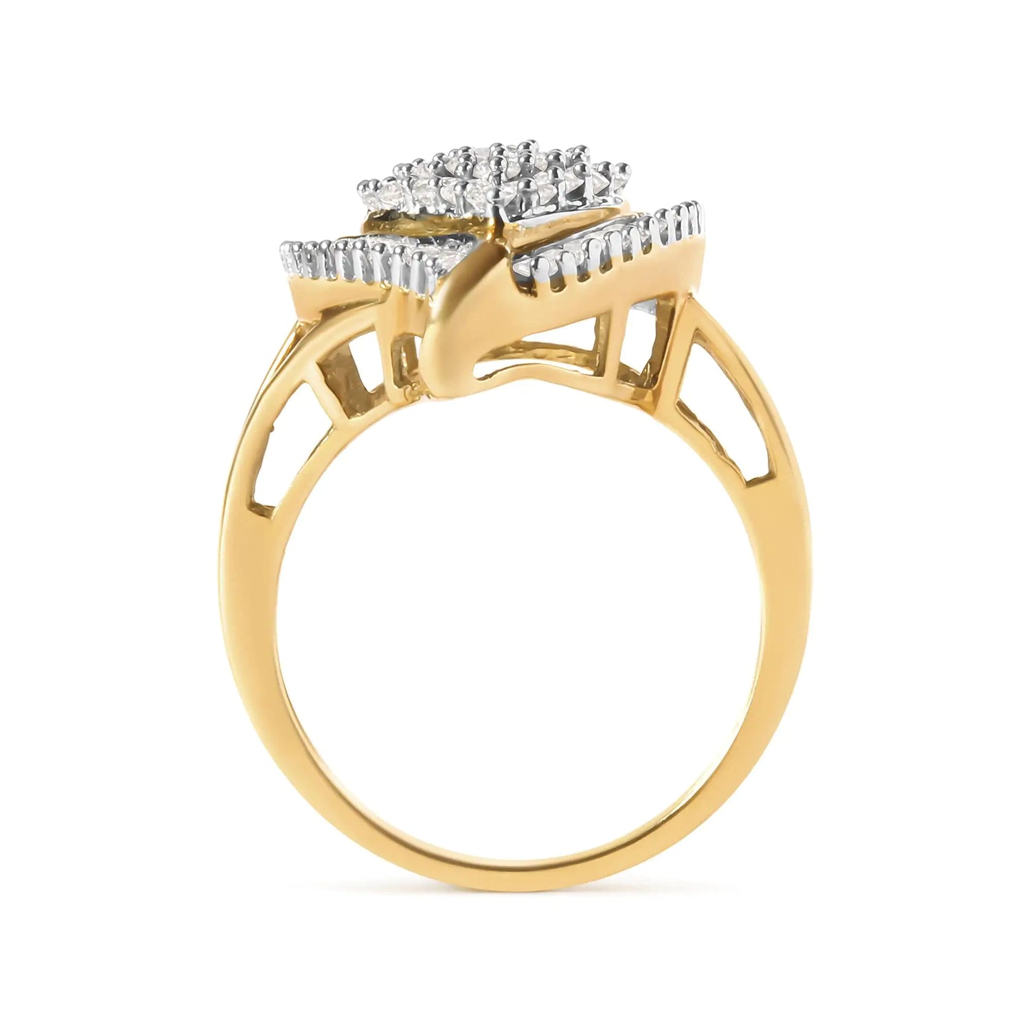 10K Yellow Gold 1 Cttw Round and Baguette Cut Diamond Ballerina Cluster Ring (H-I Color, SI2-I1 Clarity)