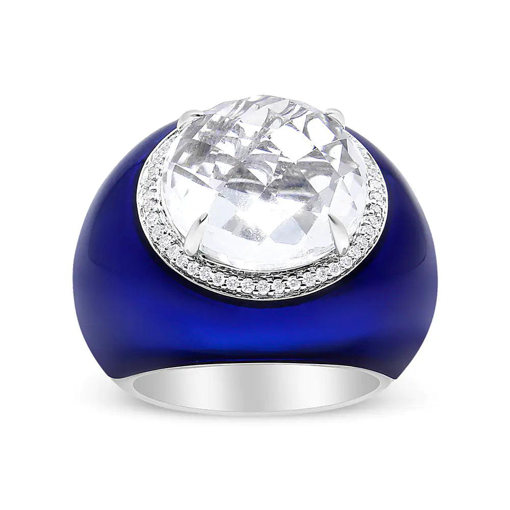 18K White Gold 14mm White Quartz and 1/5 Cttw Diamond Halo with Blue Enamel Dome Ring (F-G Color, VS1-VS2 Clarity)