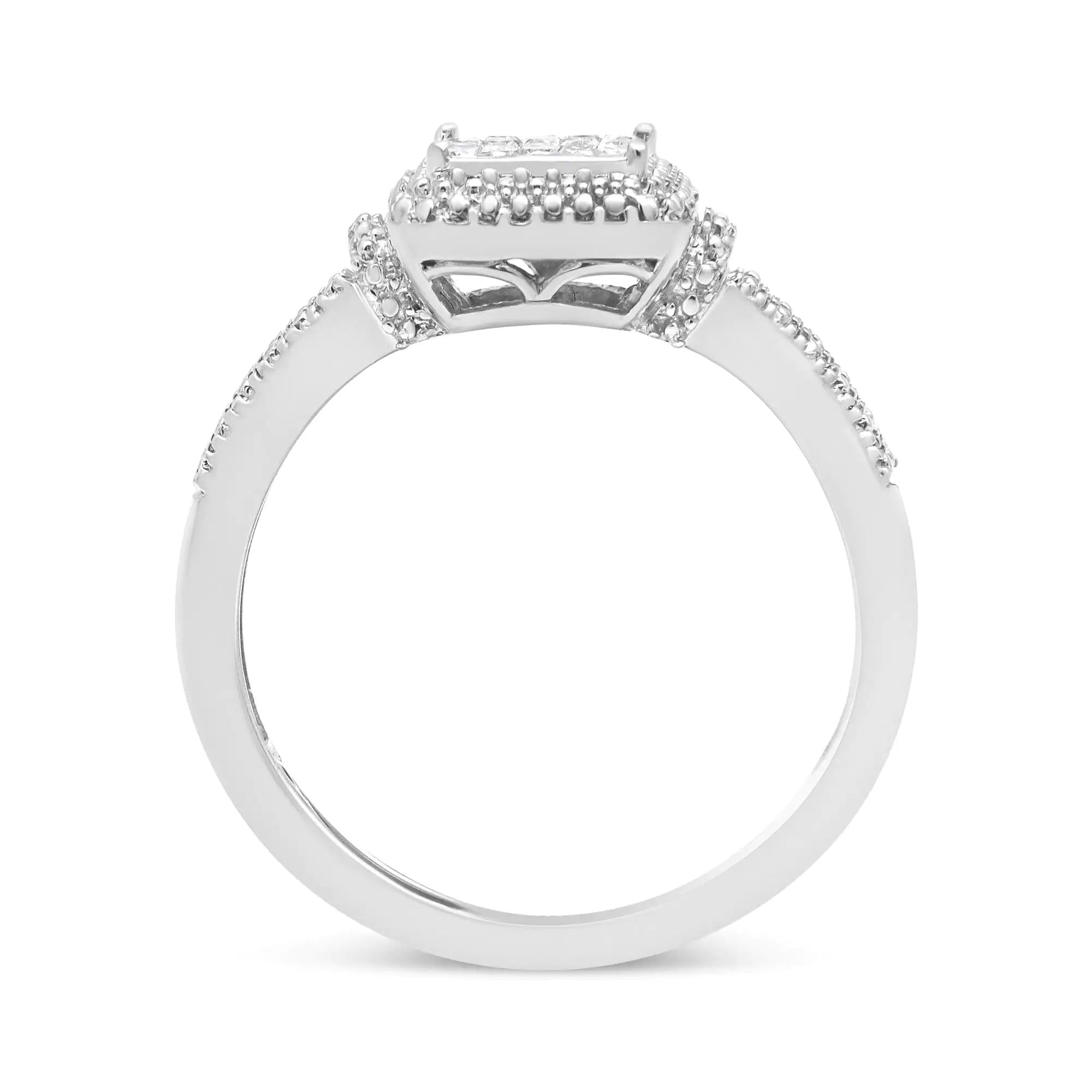 .925 Sterling Silver 1/4 Cttw Princess-cut Diamond Composite Ring with Beaded Halo (H-I Color, SI1-SI2 Clarity)