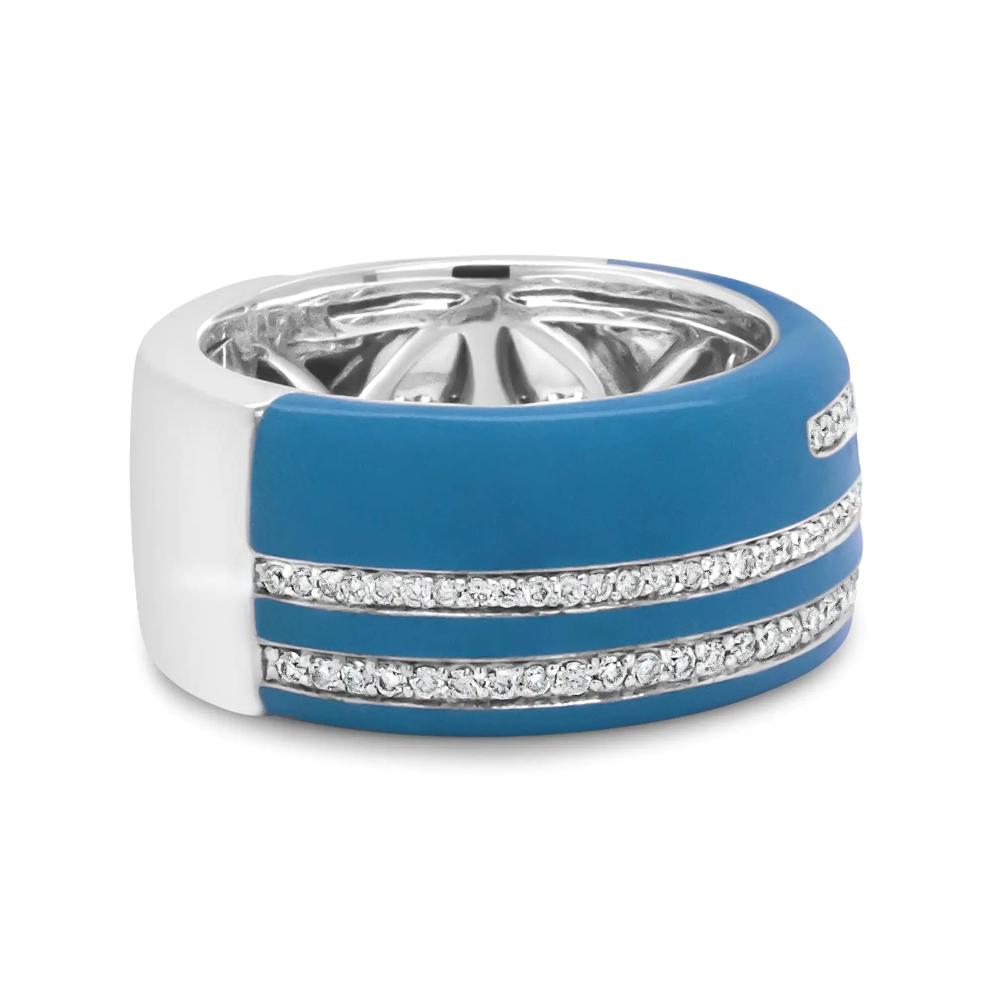 .925 Sterling Silver Turquoise Enamel 5/8 Cttw Round Diamond Wide Band Statement Ring (F-G Color, VS1-VS2 Clarity)