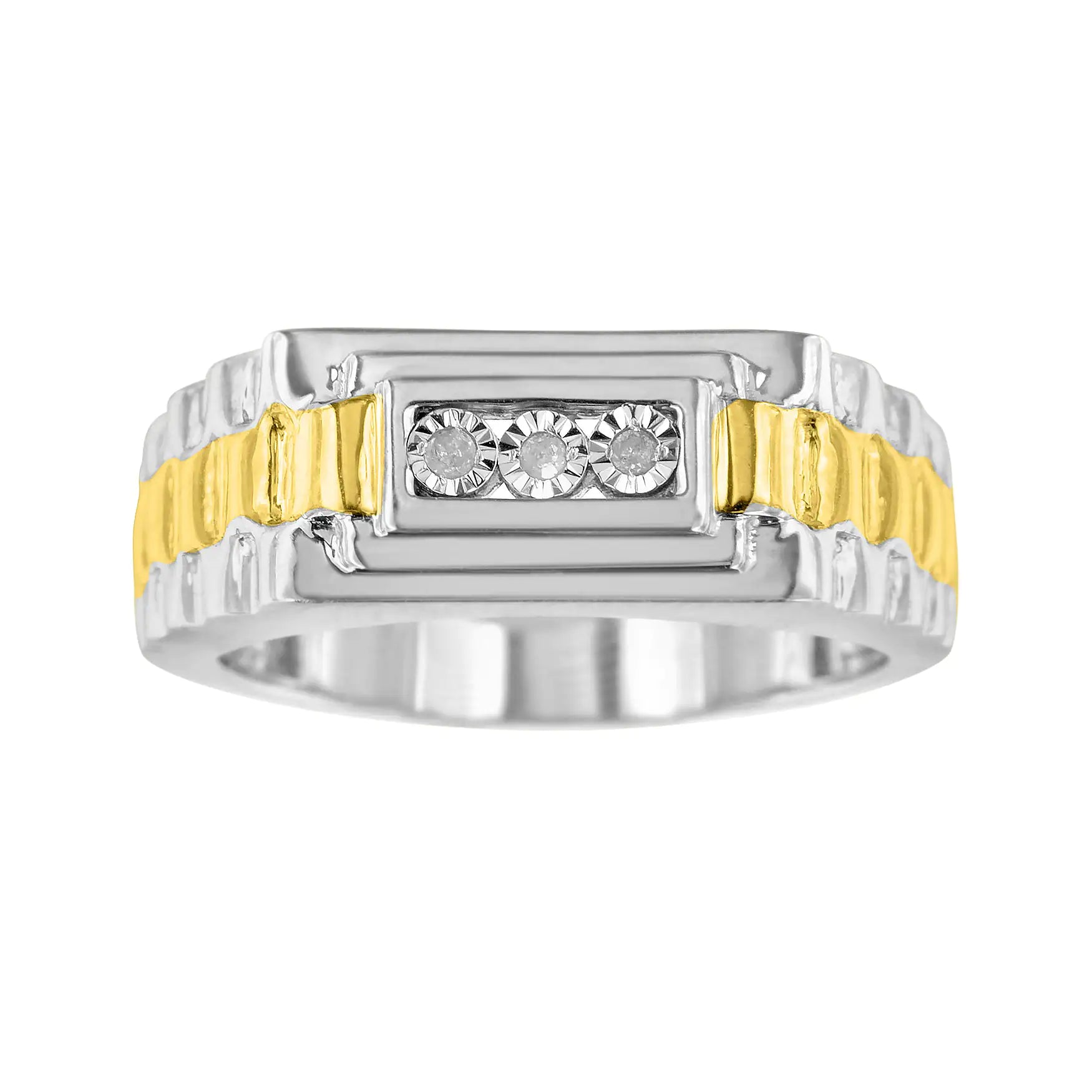 10K Yellow Gold Plated .925 Sterling Silver Diamond Accent Miracle-Set 3 Stone Ridged Band Gentlemen&