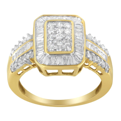 10K Yellow Gold Round and Baguette-Cut Diamond Cluster Ring (1.0 Cttw, I-J Color, SI1-SI2 Clarity)