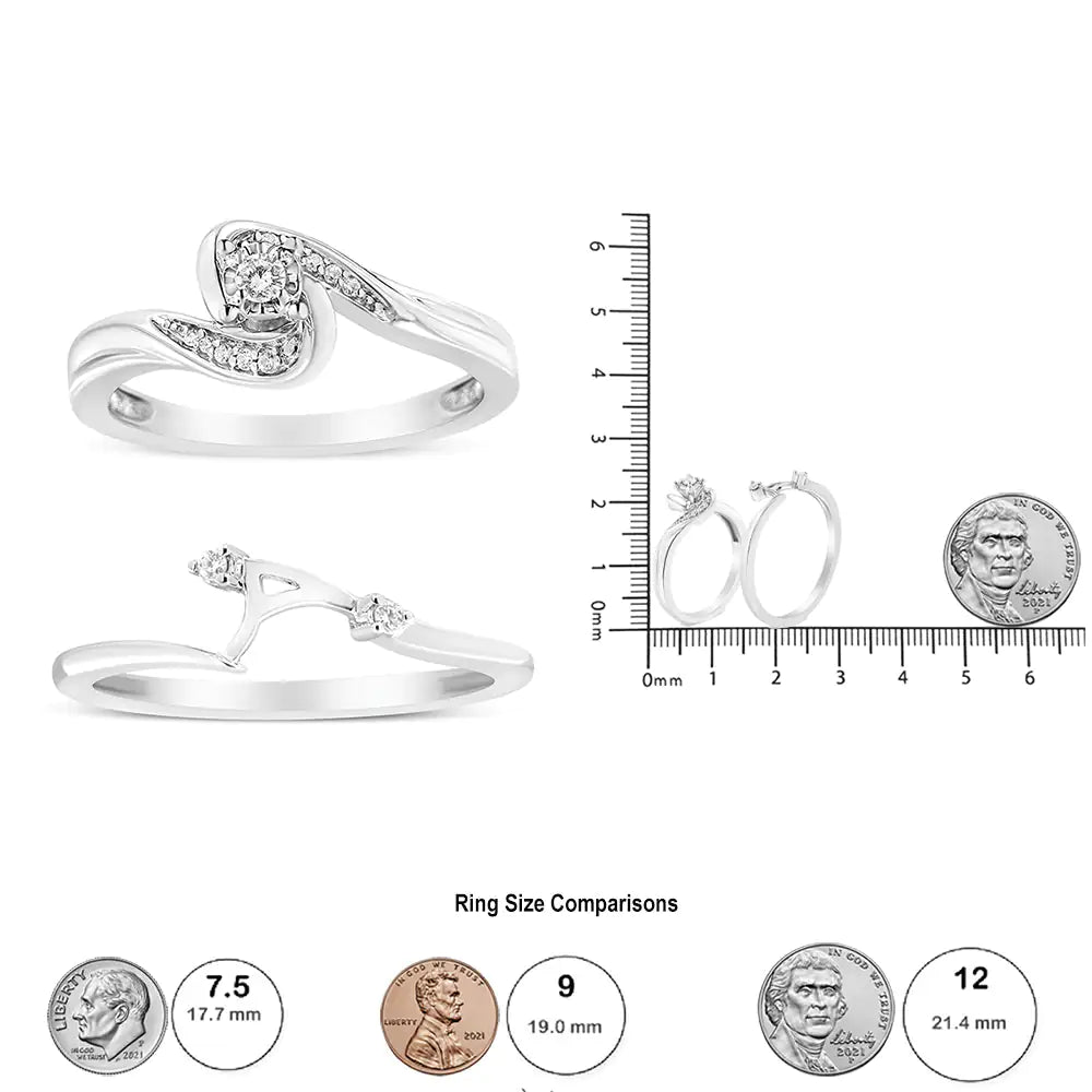 .925 Sterling Silver 1/10 Cttw Diamond Swirl and Bypass Bridal Set Ring and Band (I-J Color, I3 Clarity)