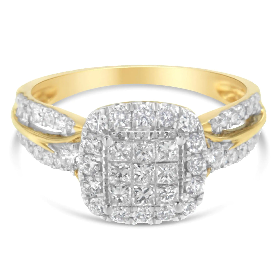 10K Yellow Gold 1.0 Cttw Diamond Composite Cushion-Shape Halo 3-Band-Look Engagement Ring (H-I Color, SI1-SI2 Clarity)