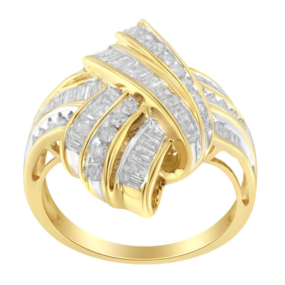 10K Yellow Gold Plated .925 Sterling Silver 1.0 Cttw Round &amp; Baguette Diamond Knot Channel Statement Ring (I-J Color, I2-I3 Clarity)