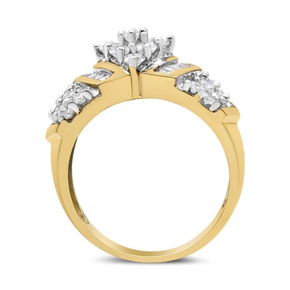 10K Yellow and White Gold 1.00 Cttw Round and Baguette-Cut Diamond Cluster Ring (H-I Color, I1-I2 Clarity)