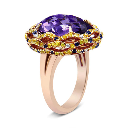 18K Yellow and Rose Gold Claw Prong Set Checkerboard Cut Purple Amethyst, Blue &amp; Yellow Sapphire, Diamond Accent Cocktail Ring Band (F-G Color, VS1-VS2 Clarity)