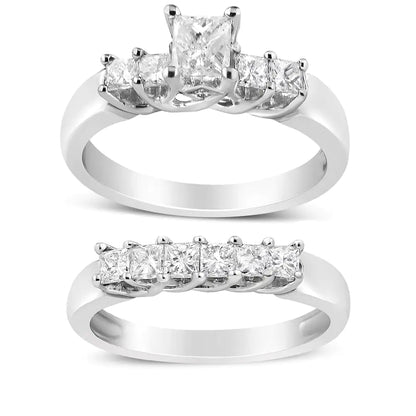 14K White Gold 1 1/2 Cttw 5 Stone Princess Diamond Engagement Wedding Ring Set (H-I Color, SI2-I1 Clarity)