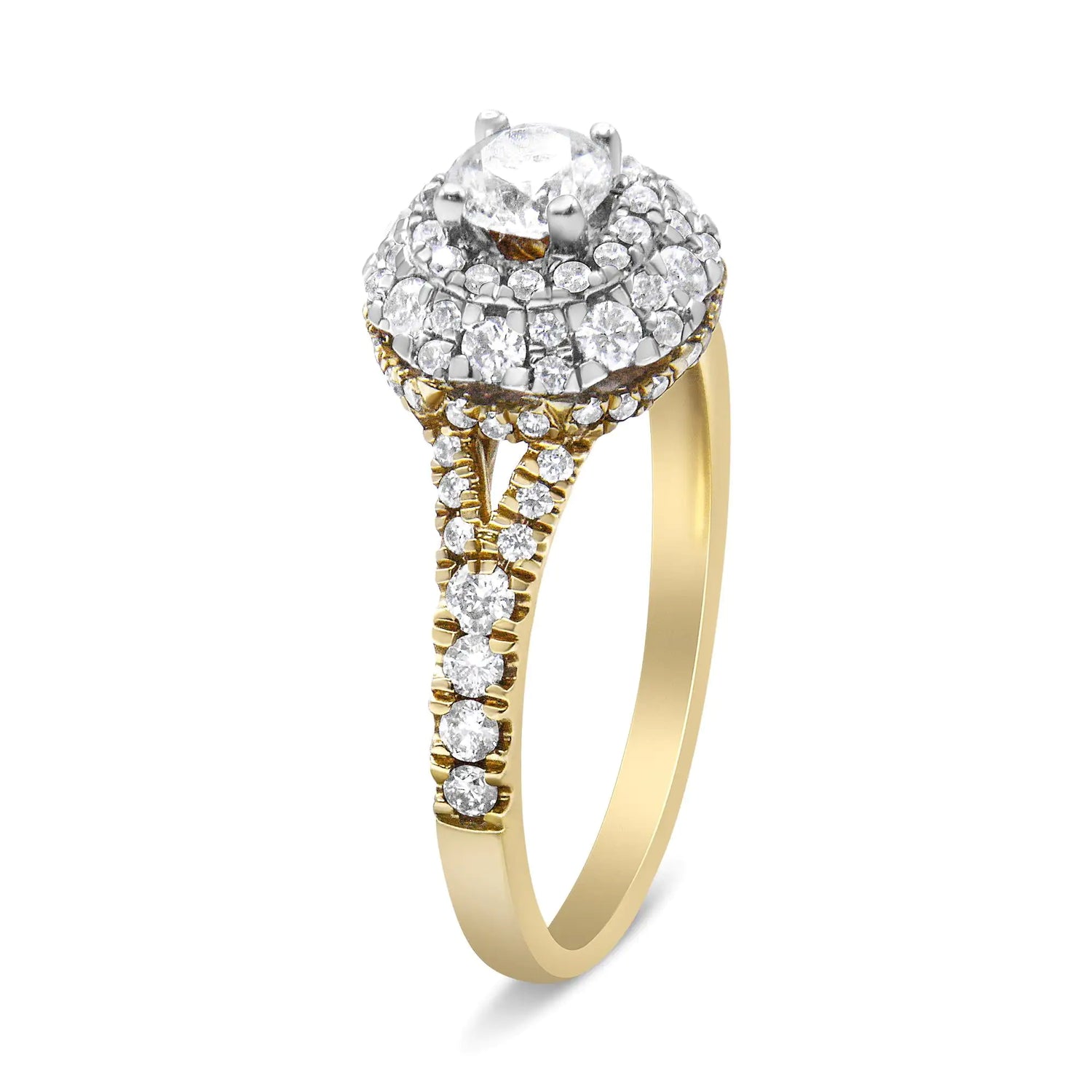 14K Yellow and White Gold 1.00 Cttw Split Shank Halo Floral Diamond Engagement Ring ( I-J Color, I1-I2 Clarity)