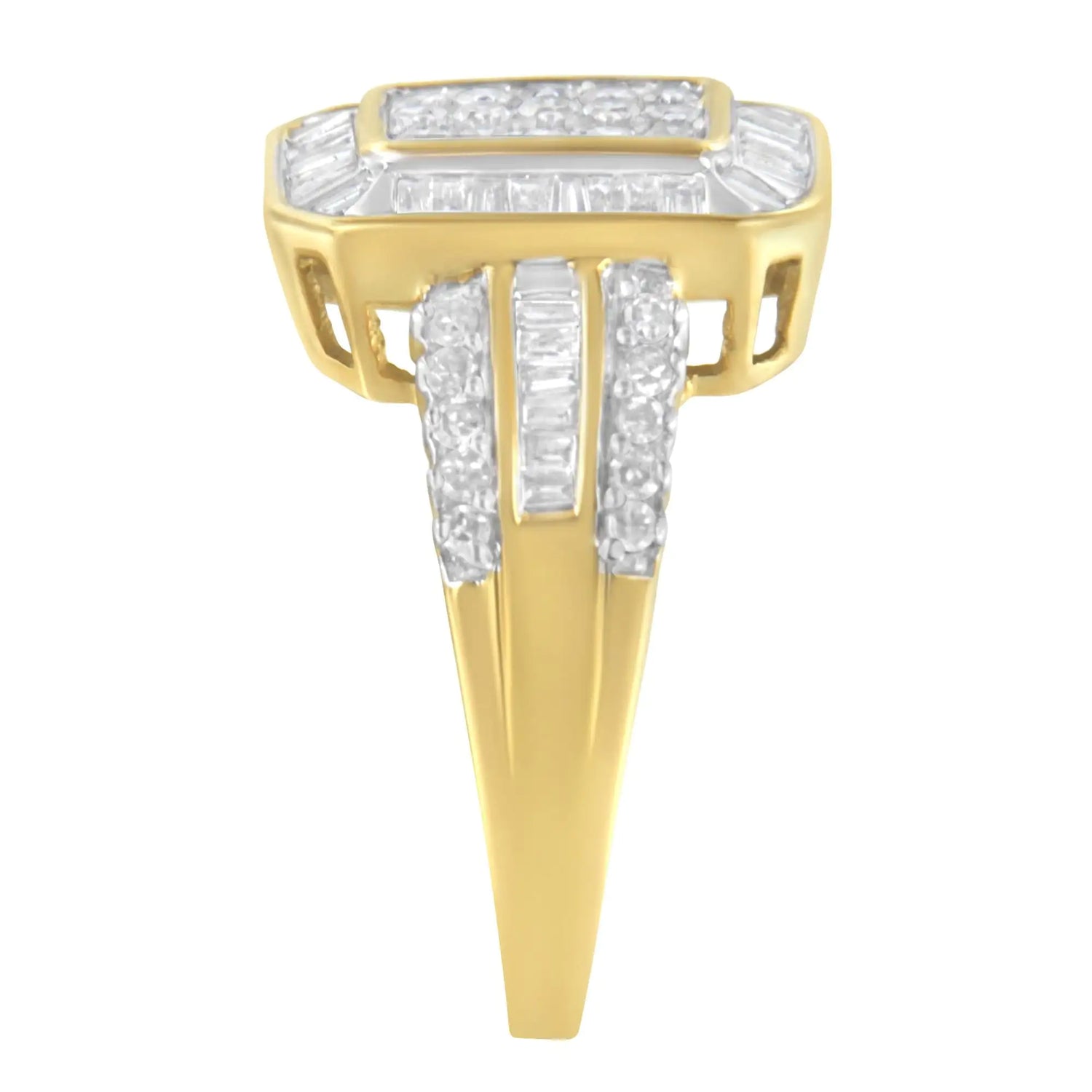 10K Yellow Gold Round and Baguette-Cut Diamond Cluster Ring (1.0 Cttw, I-J Color, SI1-SI2 Clarity)