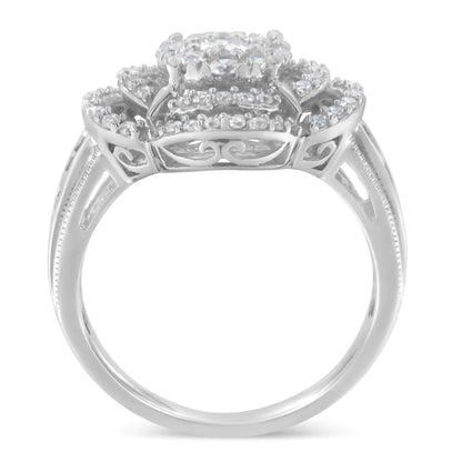 14K White Gold 1.0 Cttw Round &amp; Baguette Cut Diamond Floral Cluster Quatrefoil Channel Set Band Cocktail Statement Ring (H-I Color, SI2-I1 Clarity)