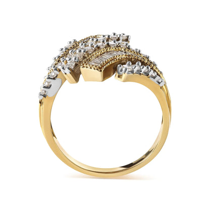 10K Yellow Gold 1.0 Cttw Round and Baguette Diamond Woven Bypass Ring (H-I,I1-I2)