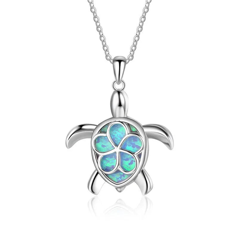 Full Blue Imitati Opal Sea Turtle Pendant Necklace