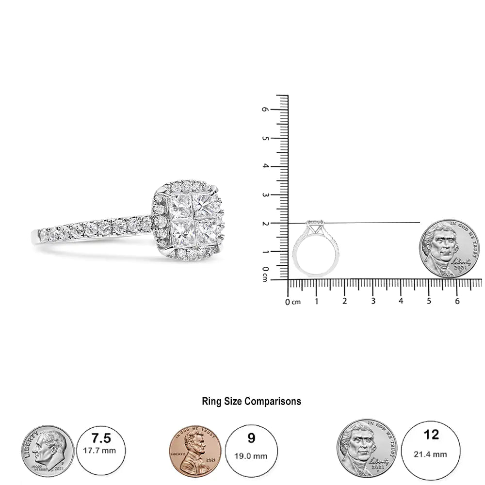 14K White Gold 1.00 Cttw Invisible Set Princess Diamond Composite Cushion Shaped Engagement Ring (H-I Color, I1-I2 Clarity)