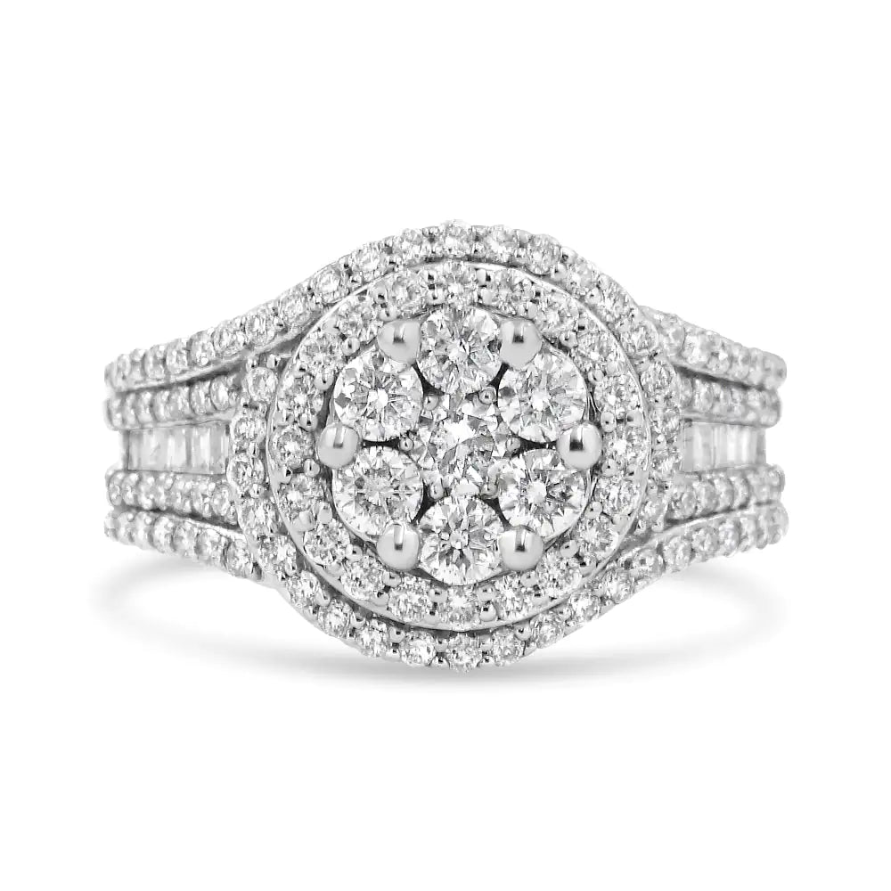 14K White Gold 1 1/2 Cttw Diamond Floral Cluster and Studded Shank Halo Ring (H-I Color, SI2-I1 Clarity)