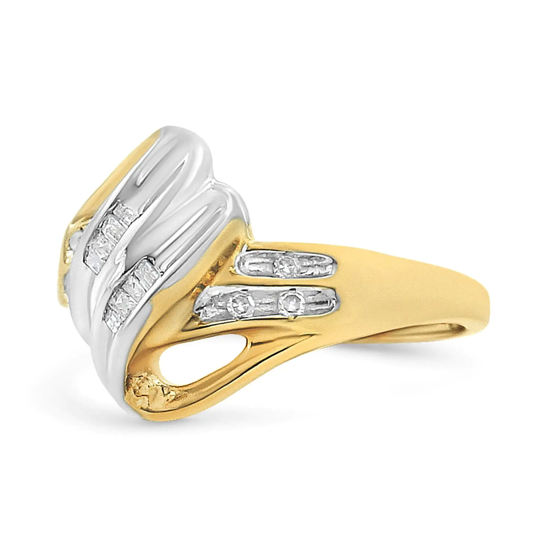 10K Yellow and White Gold 1.00 Cttw Round And Baguette-Cut Diamond Accent Bypass Ring (H-I Color, I2-I3 Clarity)