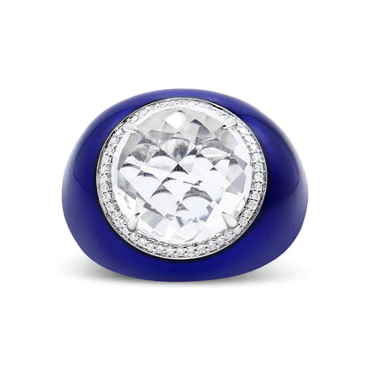 18K White Gold 14mm White Quartz and 1/5 Cttw Diamond Halo with Blue Enamel Dome Ring (F-G Color, VS1-VS2 Clarity)