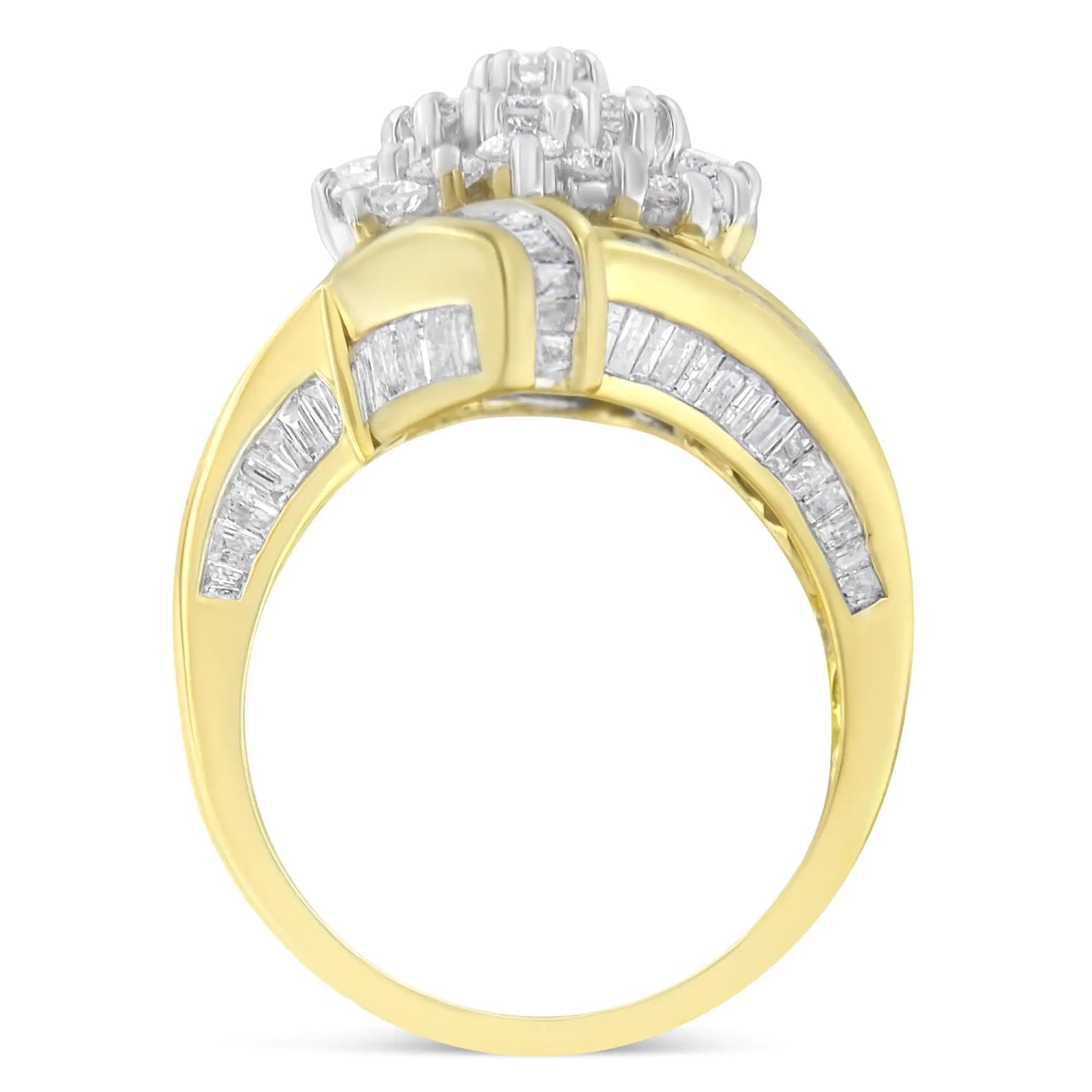 10K Yellow Gold Round and Baguette Diamond Crossover Cluster Ring (3 Cttw, I-J Color, I1-I2 Clarity)