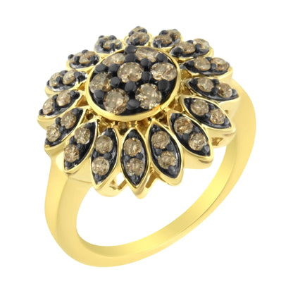 10K Yellow Gold Plated .925 Sterling Silver 1 cttw Prong Set Round-Cut Diamond Floral Cocktail Ring (I1-I2 Clarity, J-K Color)