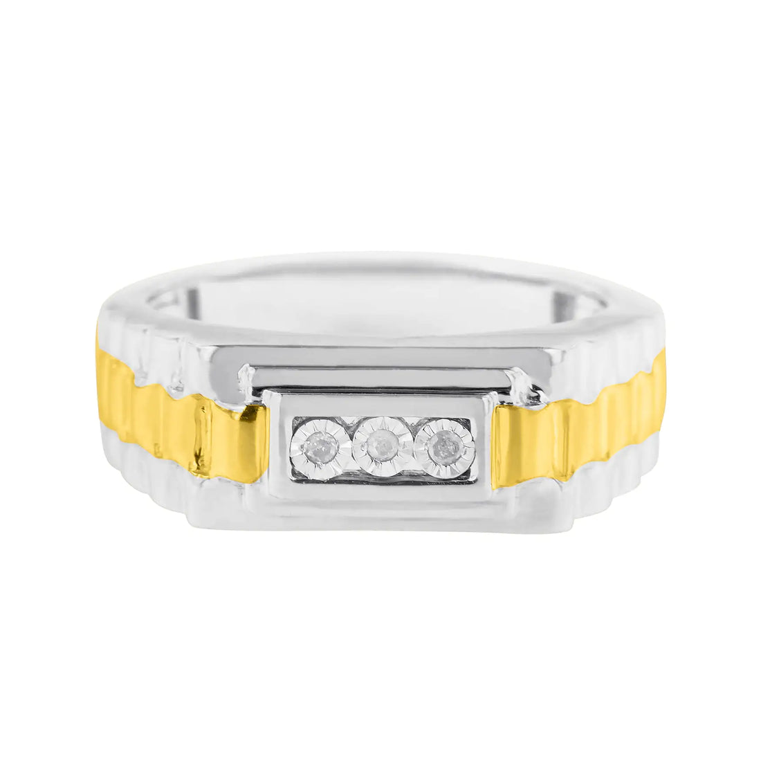 10K Yellow Gold Plated .925 Sterling Silver Diamond Accent Miracle-Set 3 Stone Ridged Band Gentlemen&