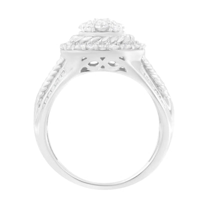 .925 Sterling Silver 1 cttw Baguette and Round-Cut Diamond Halo and Lariat Cocktail Floral Ring (H-I Color, I2-I3 Clarity)