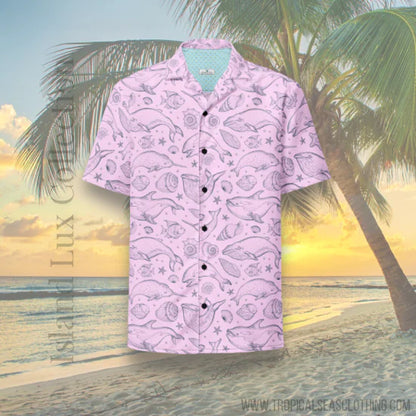 Pink Whale Pod Pattern Hawaiian Button Shirt: Dive into Coastal Chic!