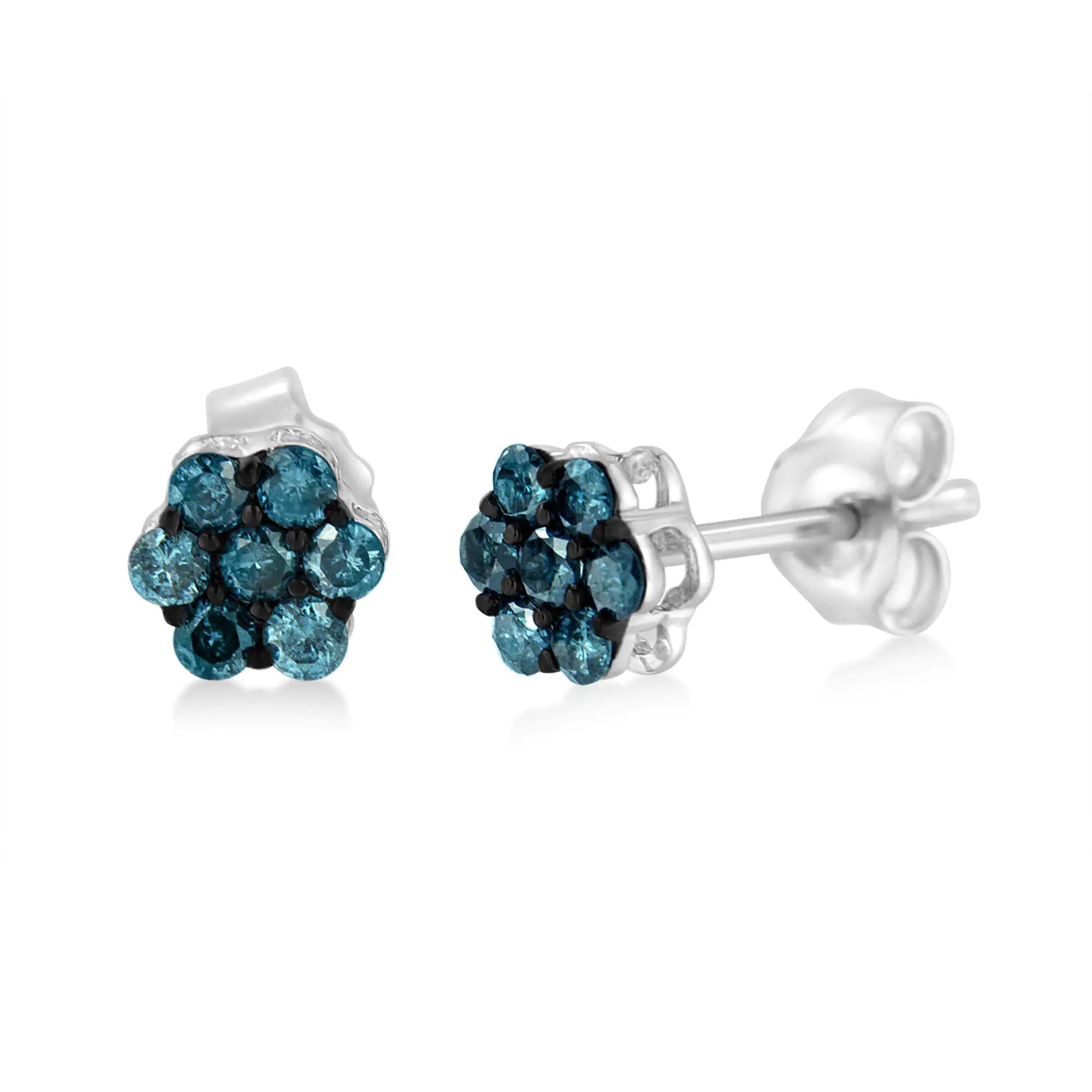 Sterling Silver Treated Blue Diamond Floral Stud Earrings (1/2 cttw, Blue Color, I2-I3 Clarity)