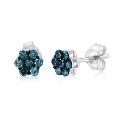 Sterling Silver Treated Blue Diamond Floral Stud Earrings (1/2 cttw, Blue Color, I2-I3 Clarity)