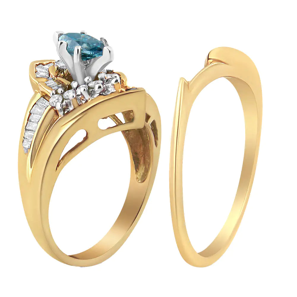 14K Yellow and White Gold 1 1/4 Cttw Treated Blue Diamond Cocktail Ring Set (H-I Color, SI1-SI2 Clarity)