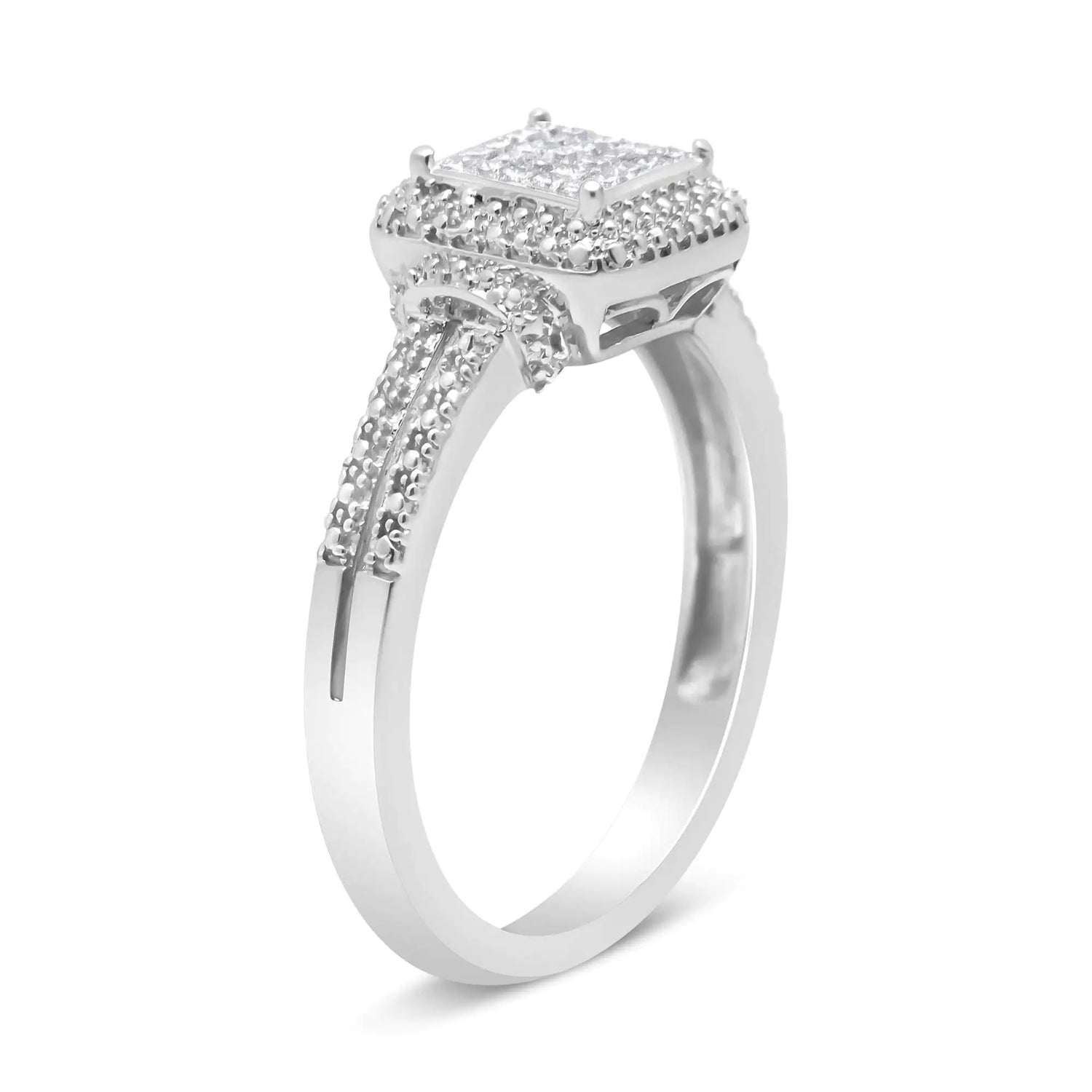 .925 Sterling Silver 1/4 Cttw Princess-cut Diamond Composite Ring with Beaded Halo (H-I Color, SI1-SI2 Clarity)