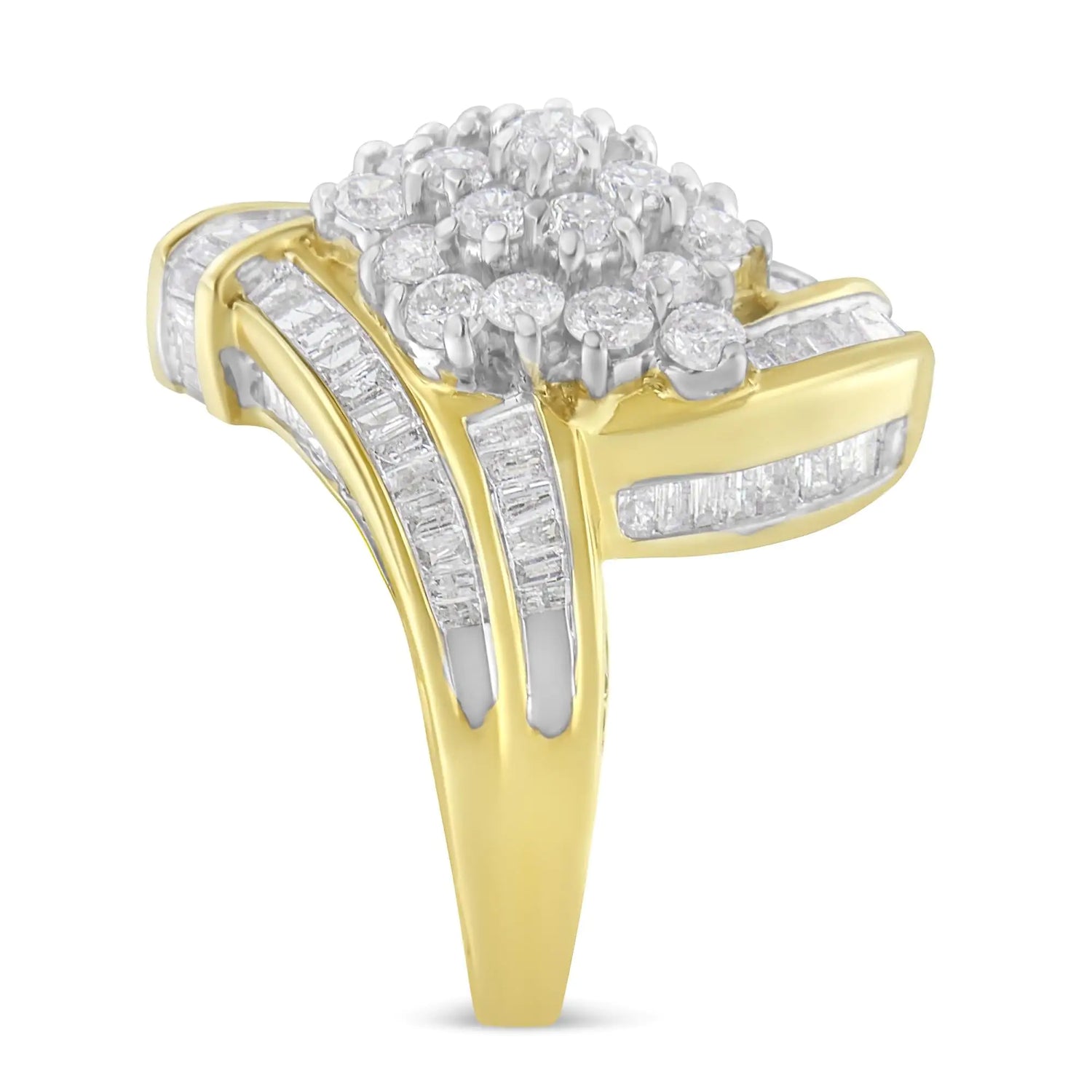 10K Yellow Gold Round and Baguette Diamond Crossover Cluster Ring (3 Cttw, I-J Color, I1-I2 Clarity)