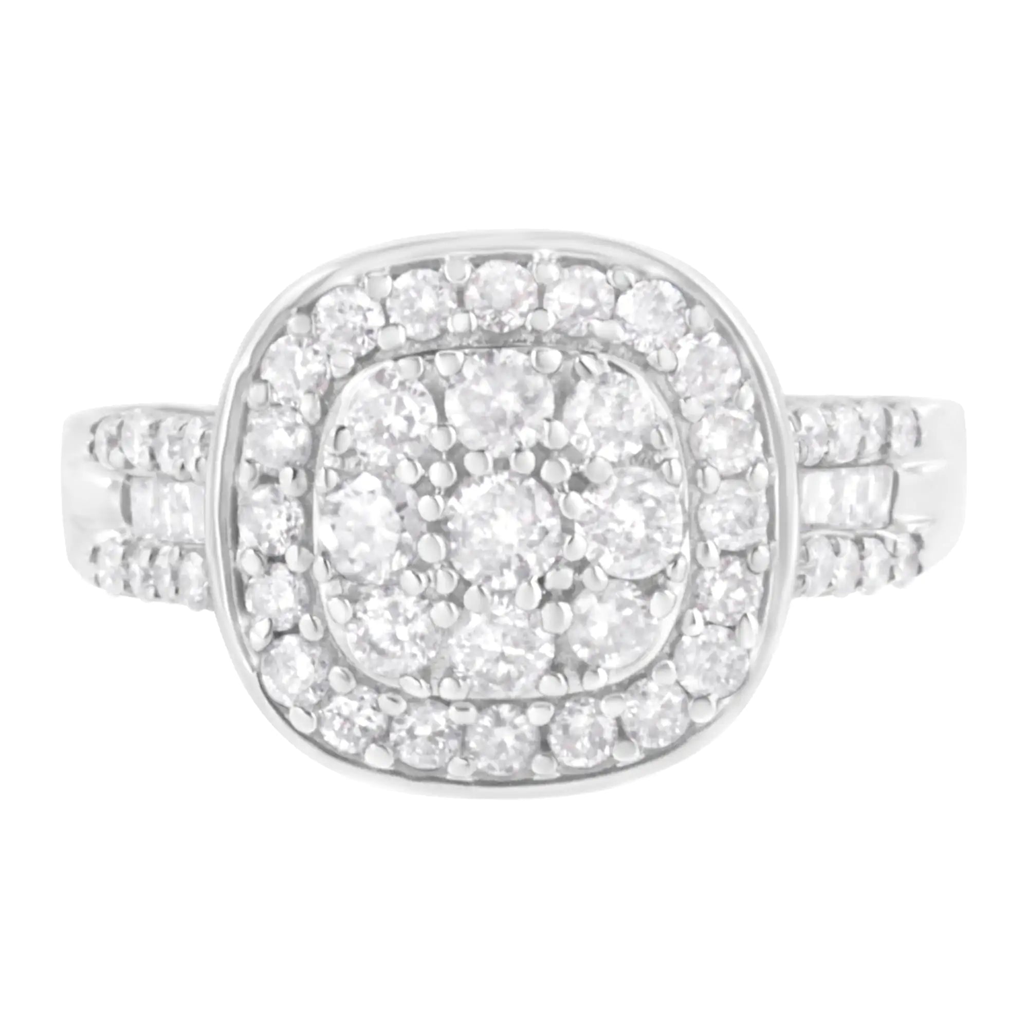 .925 Sterling Silver 1 cttw Round and Baguette-Cut Diamond Cocktail Square Ring (H-I Color, I1-I2 Clarity)