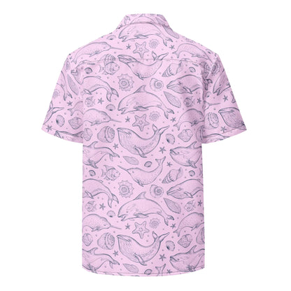 Pink Whale Pod Pattern Hawaiian Button Shirt: Dive into Coastal Chic!