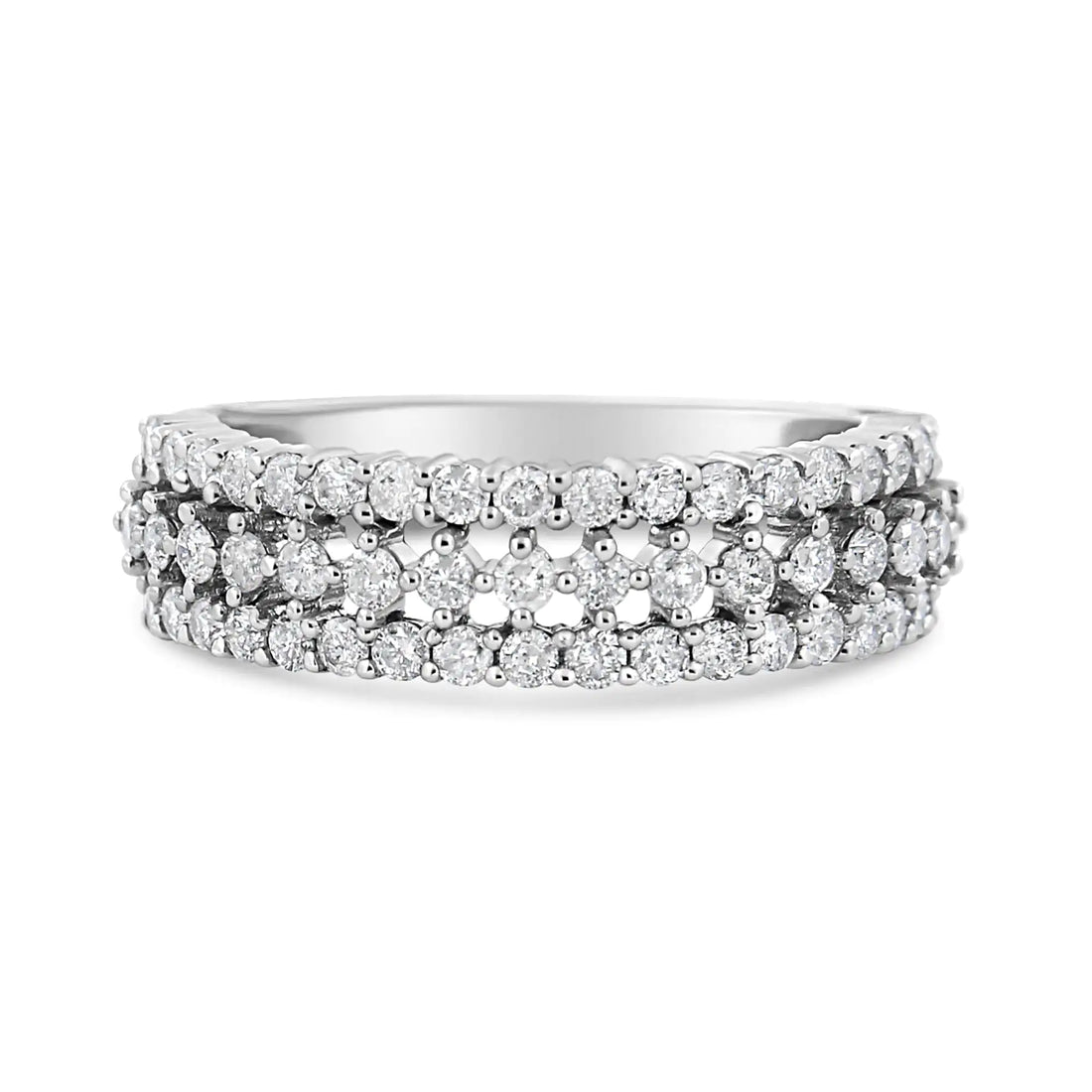 14K White Gold 1.0 Cttw Prong Set Round Diamond Split Shank Three Row Band Ring (H-I Color, I2-I3 Clarity)