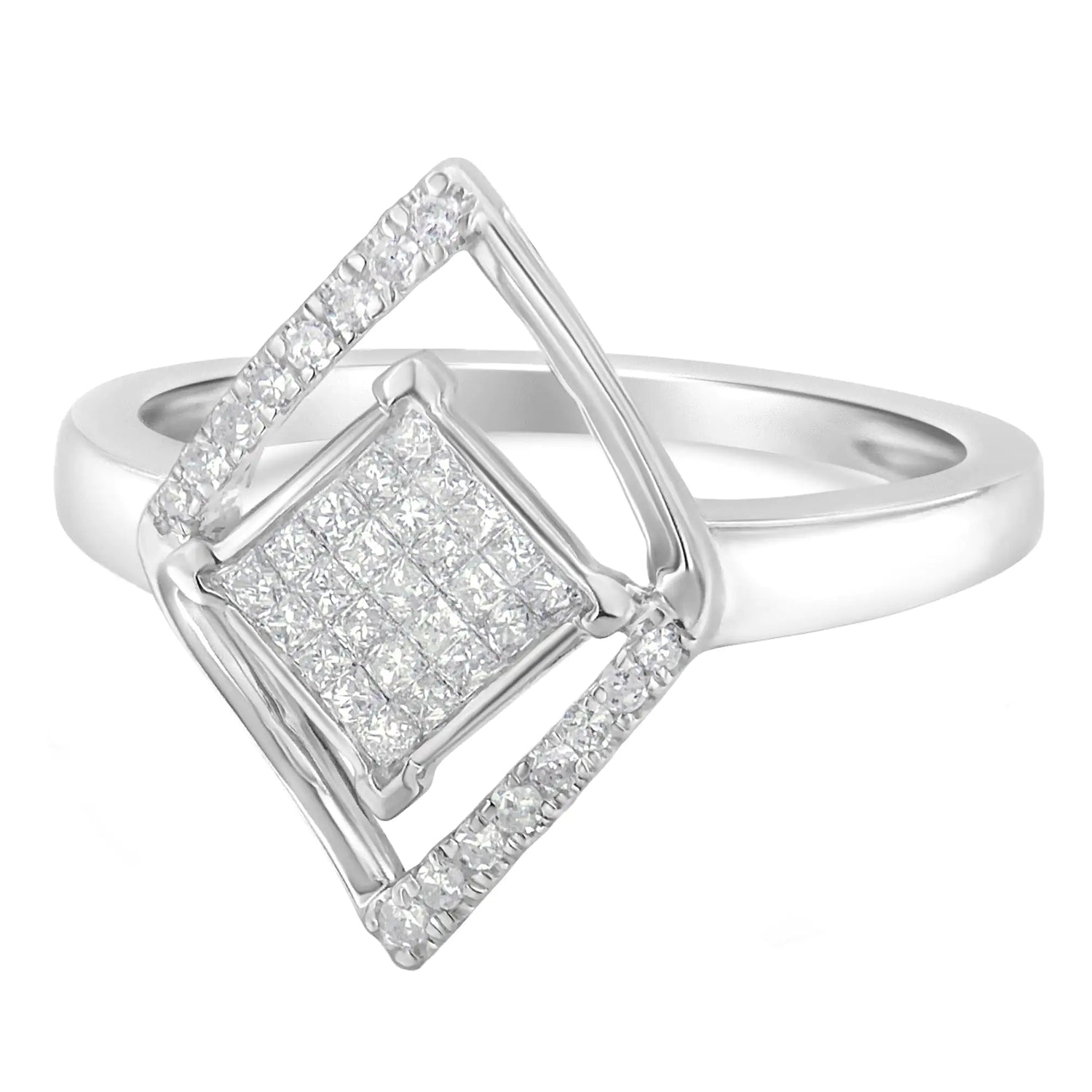 10k White Gold 1/3 Cttw Round and Princess Diamond Double Triangle Cocktail Ring (H-I Color, SI1-SI2 Clarity)