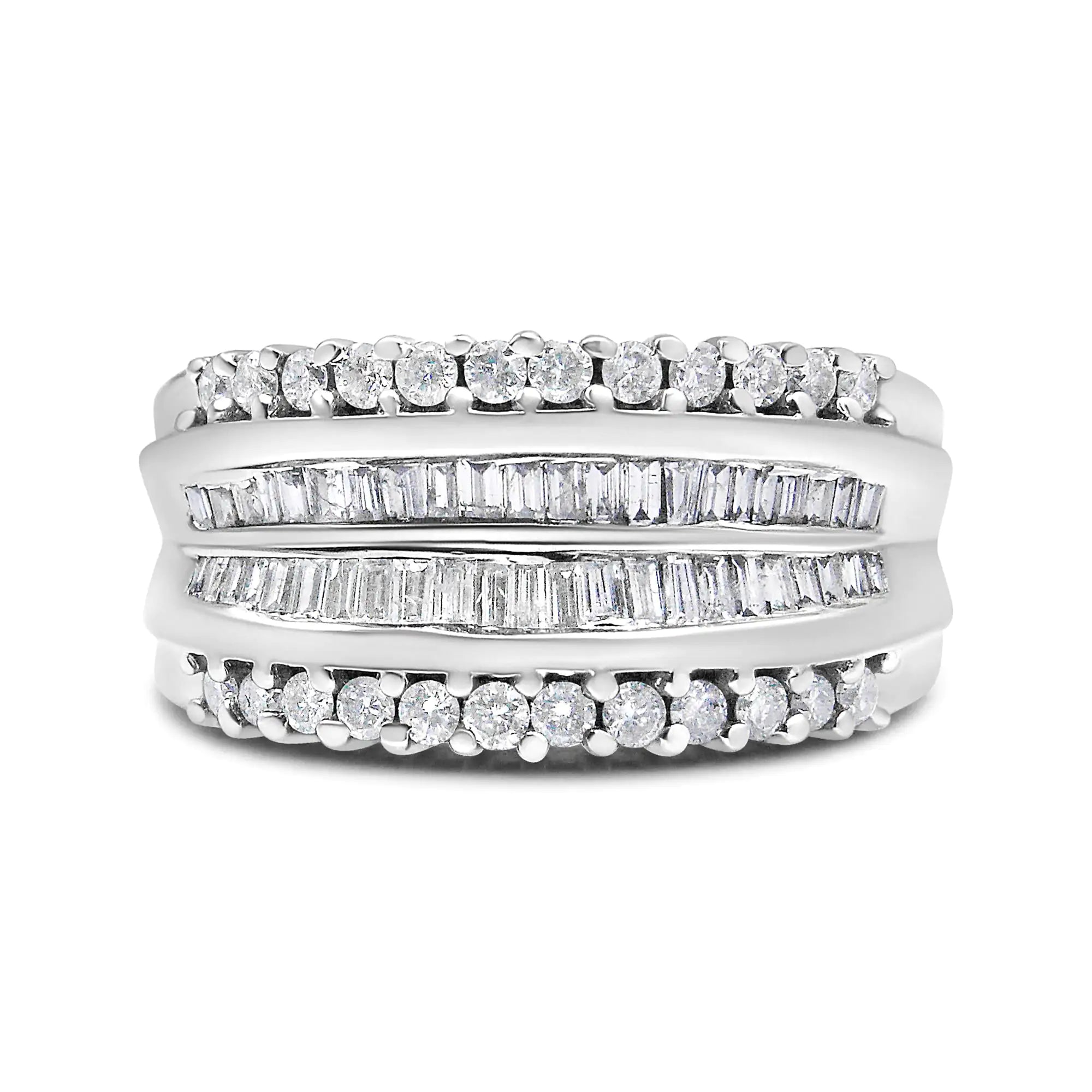 14K White Gold 1.00 Cttw Round and Baguette-Cut Diamond Modern Band Ring (H-I Color, SI2-I1 Clarity)