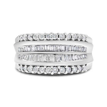 14K White Gold 1.00 Cttw Round and Baguette-Cut Diamond Modern Band Ring (H-I Color, SI2-I1 Clarity)