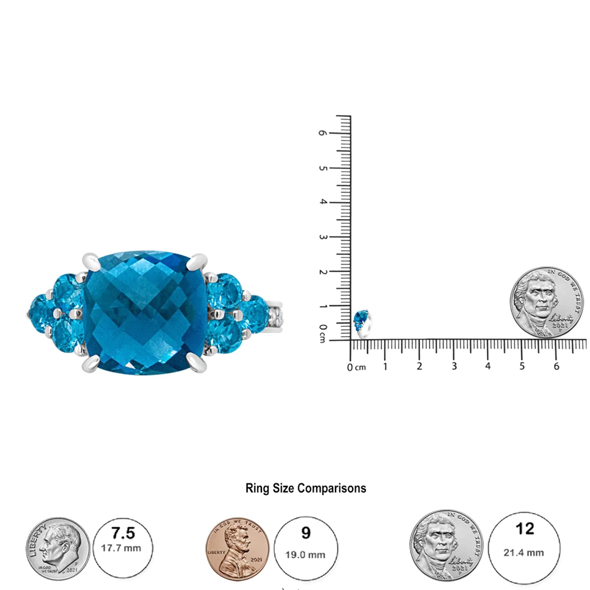 18K White Gold 10mm Cushion Shaped Blue Topaz and 1/6 Cttw Diamond 3 Stone Style Ring (F-G Color, VS1-VS2 Clarity)